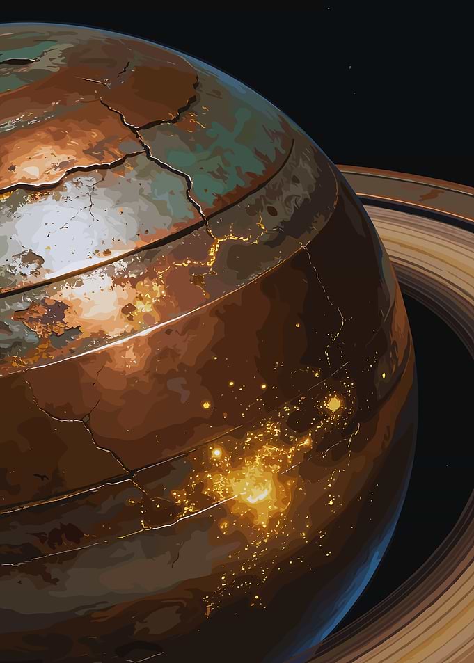 Cracked Planet with Rings and Lights
