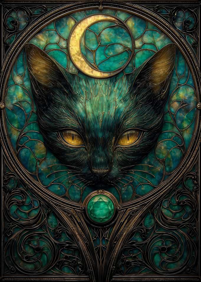 Mystical Black Cat Stained Glass with Moon