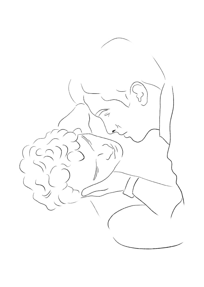 Line art of Ilya Rozanov and Shane Hollander in a cottage Heated rivalry