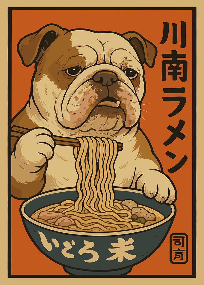 Bulldog Eating Ramen Poster, Cute Japanese Food Art Print, Kawaii Asian Kitchen Wall Decor