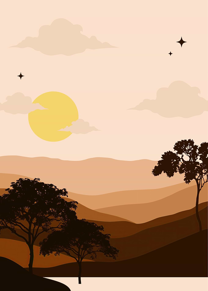 Minimalist Landscape with Trees and Sun