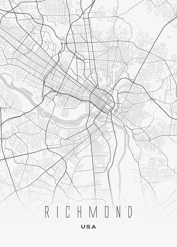 Richmond, USA - Minimal White City Map, Wall Art Print
