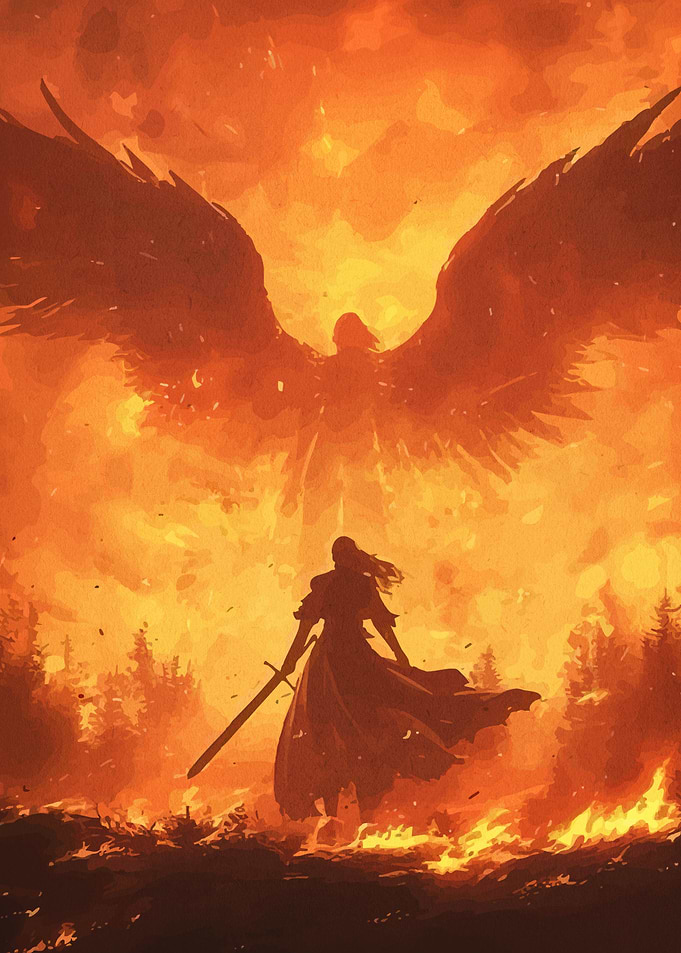 Warrior and Angel in Fiery Landscape