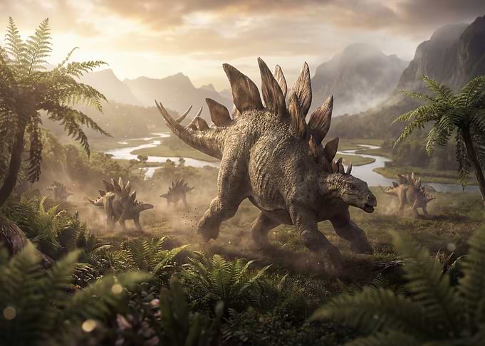 Stegosaurus Herd in Prehistoric Landscape