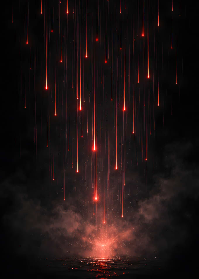 Red Meteors Falling on Dark Surface