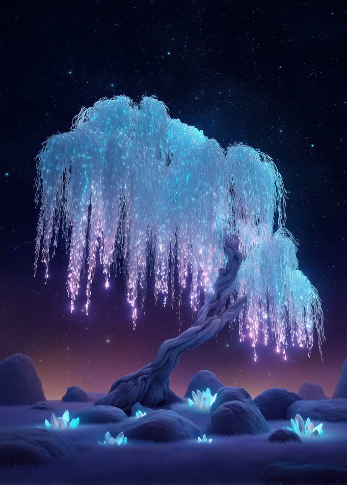 Glowing Willow Tree in Starry Landscape