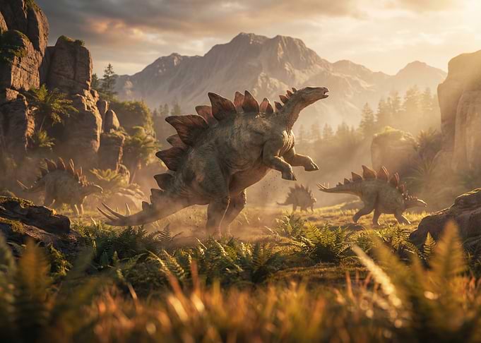 Stegosaurus Herd in Prehistoric Landscape
