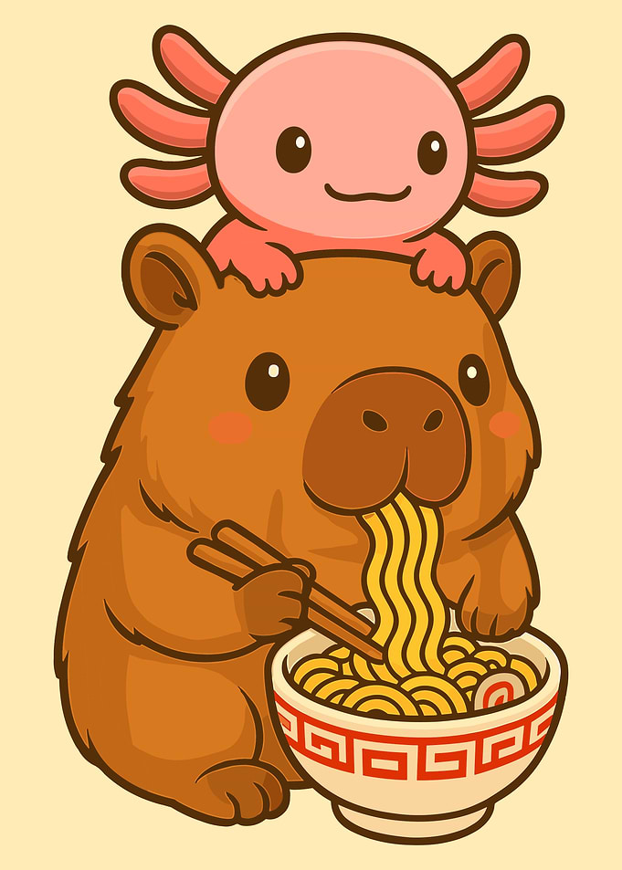 Cute Capybara Ramen Poster, Axolotl Cartoon Wall Art, Whimsical Kitchen or Kids Room Print