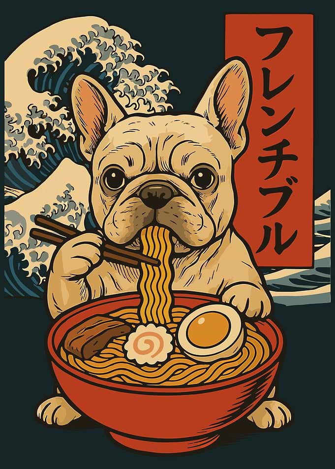 French Bulldog Ramen Poster, Japanese Dog Art Print, Cute Anime Food Wall Decor