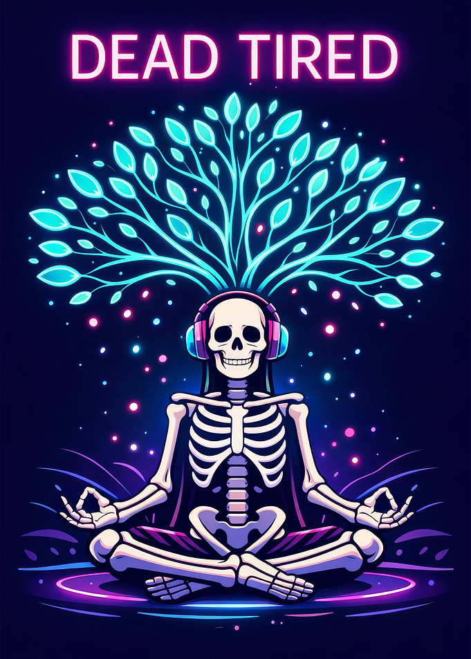 Dead Tired Meditating Skeleton with Headphones