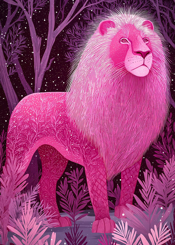 Pink Lion in a Forest Illustration