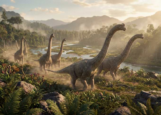 Brachiosaurus Herd in Prehistoric Landscape