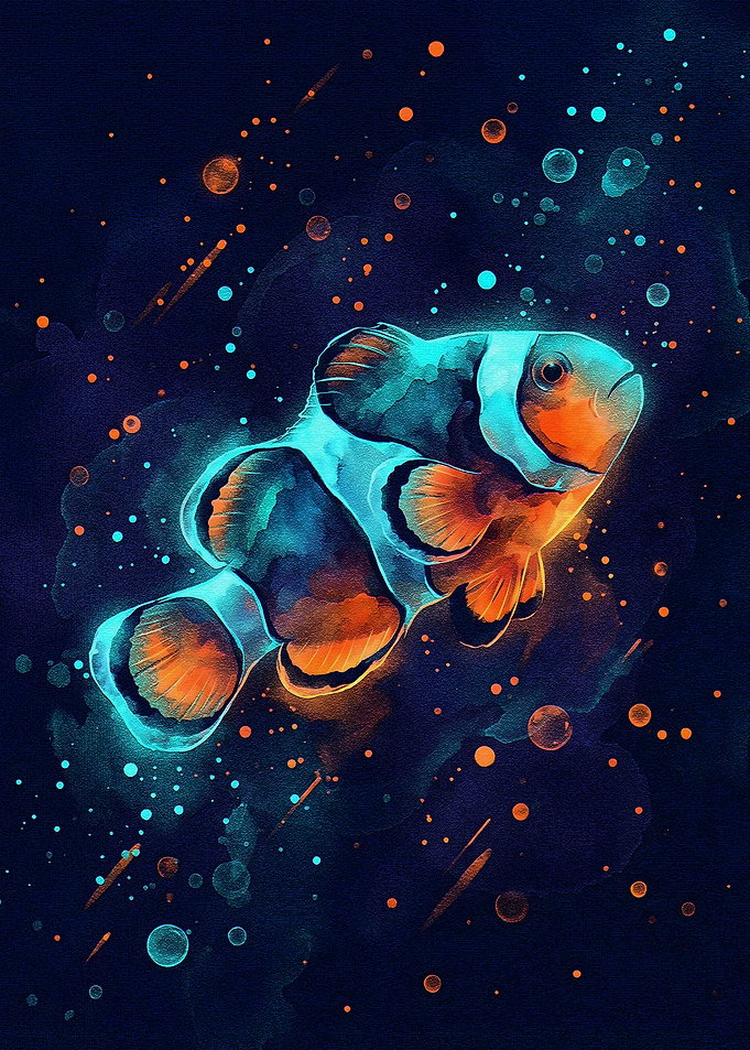 Clownfish in Deep Blue Watercolor
