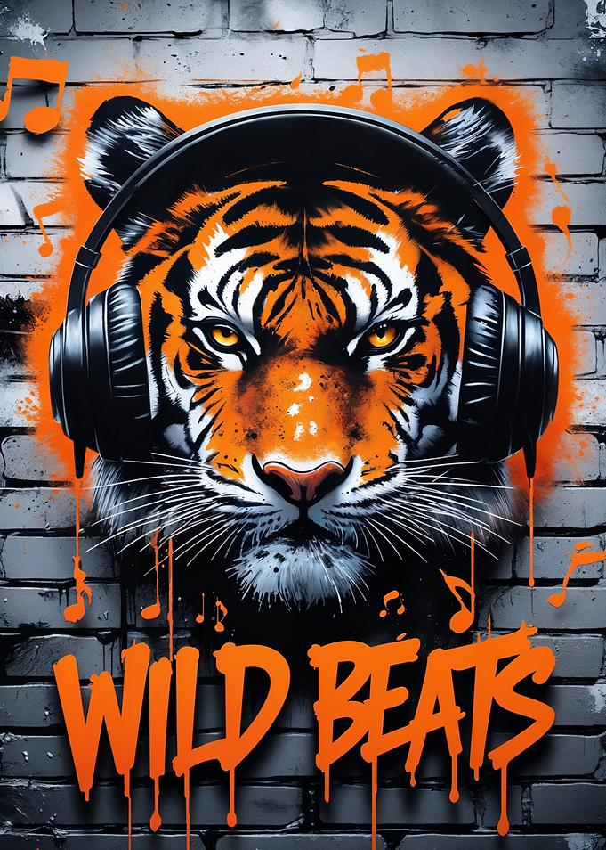 Tiger with Headphones on Brick Wall