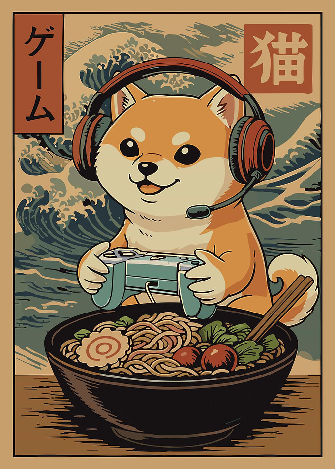 Shiba Inu Gamer Ramen Poster, Japanese Dog Wall Art, Cute Anime Gaming Print