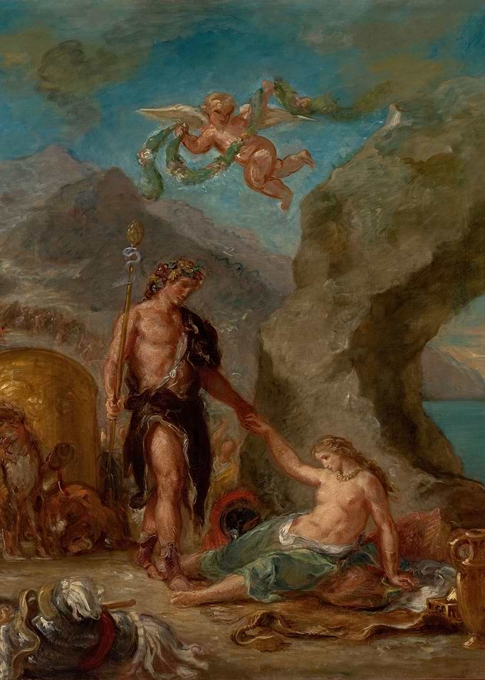 Classical painting with figures and landscape