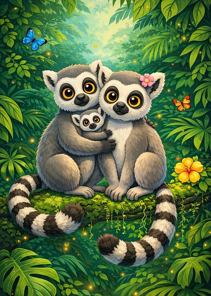 Lemur Family in Jungle Illustration