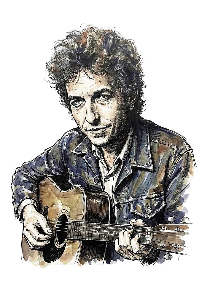 Bob Dylan Watercolor Portrait with Guitar