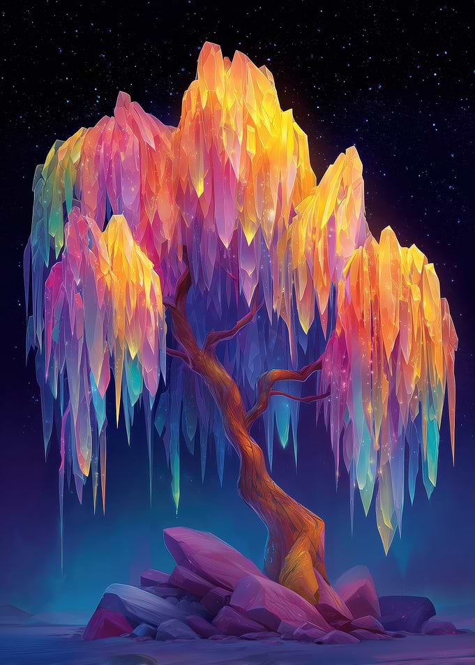 Crystal Willow Tree in Starry Night