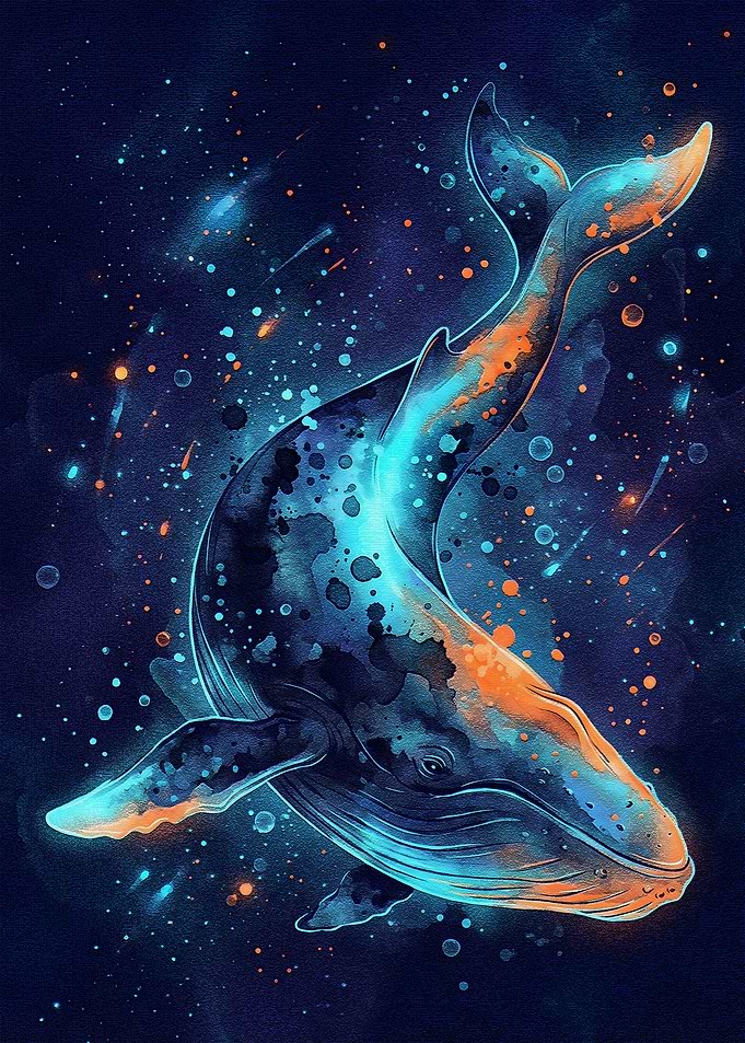 Watercolor Whale in Cosmic Ocean