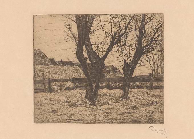 Rural Landscape Etching with Trees and Barn