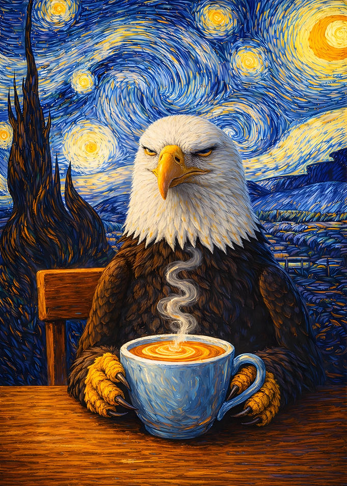 Eagle with Coffee in Starry Night
