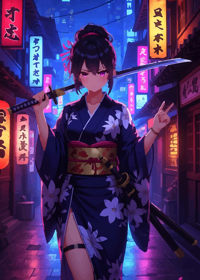 Anime Girl with Katana in Cityscape