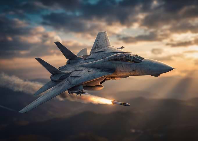 F-14 Tomcat missile launch at sunset