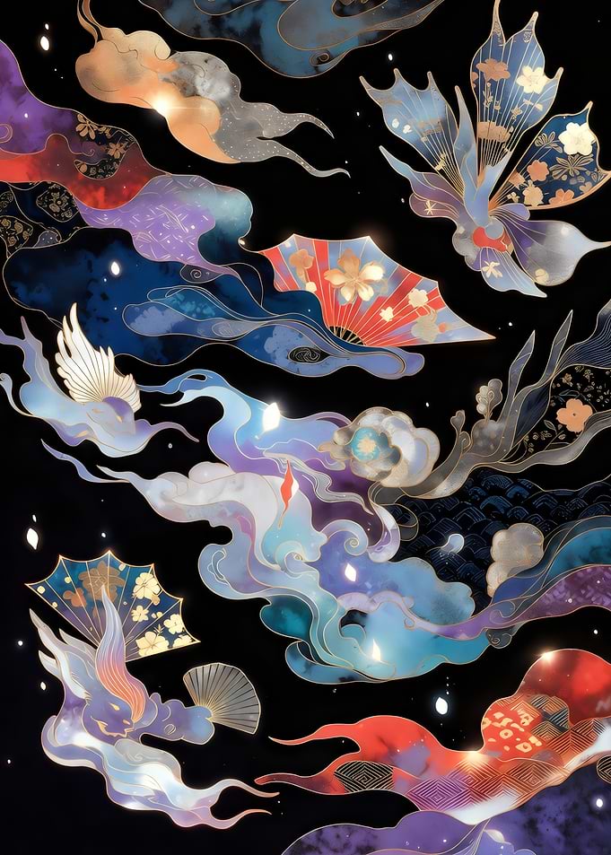 Japanese-inspired abstract art with fans and clouds