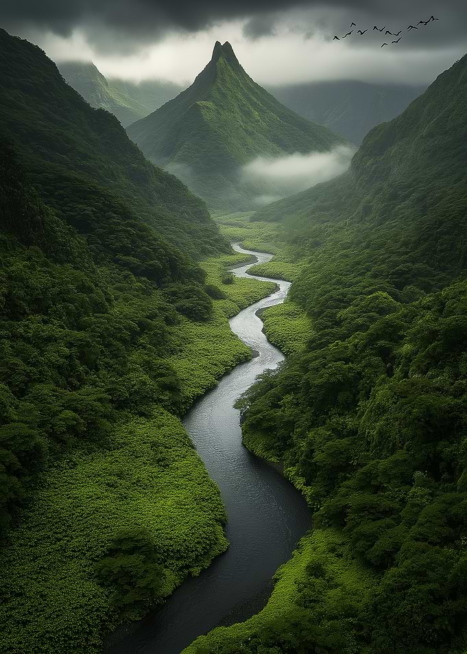 Lush Green Valley River Landscape