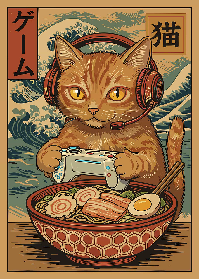 Gamer Cat Ramen Poster, Cute Orange Tabby Wall Art, Japanese Food Cartoon Print