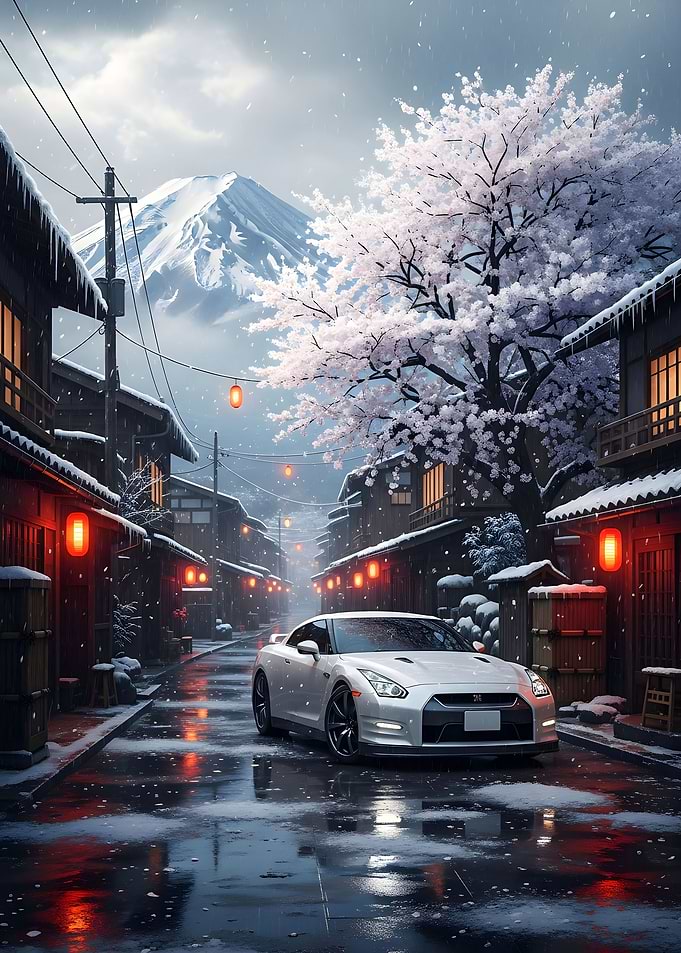 Nissan GT-R in Snowy Japanese Town