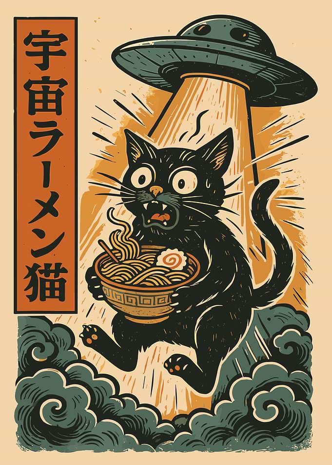 Black Cat UFO Ramen Poster, Funny Japanese Anime Art, Alien Abduction Wall Print