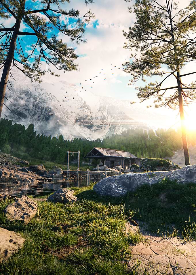 Mountain Cabin Landscape with Birds