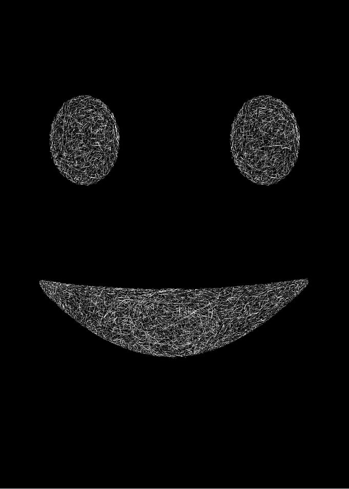 AbstrFractured Smile – Minimal Dark Abstract Face Art act Smiling Face on Black Background