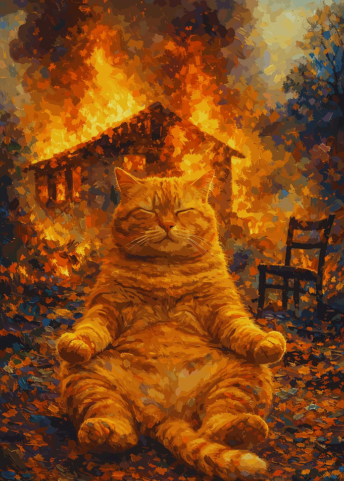Zen Cat in Burning Landscape