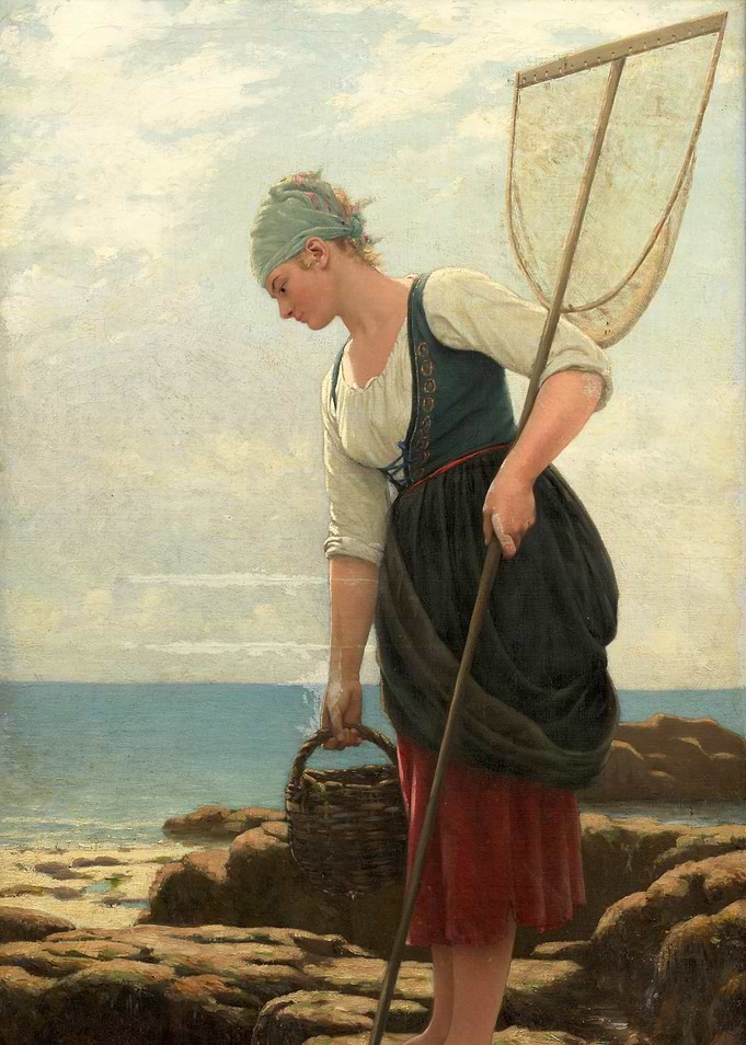 Young Woman Fishing on Rocky Shore