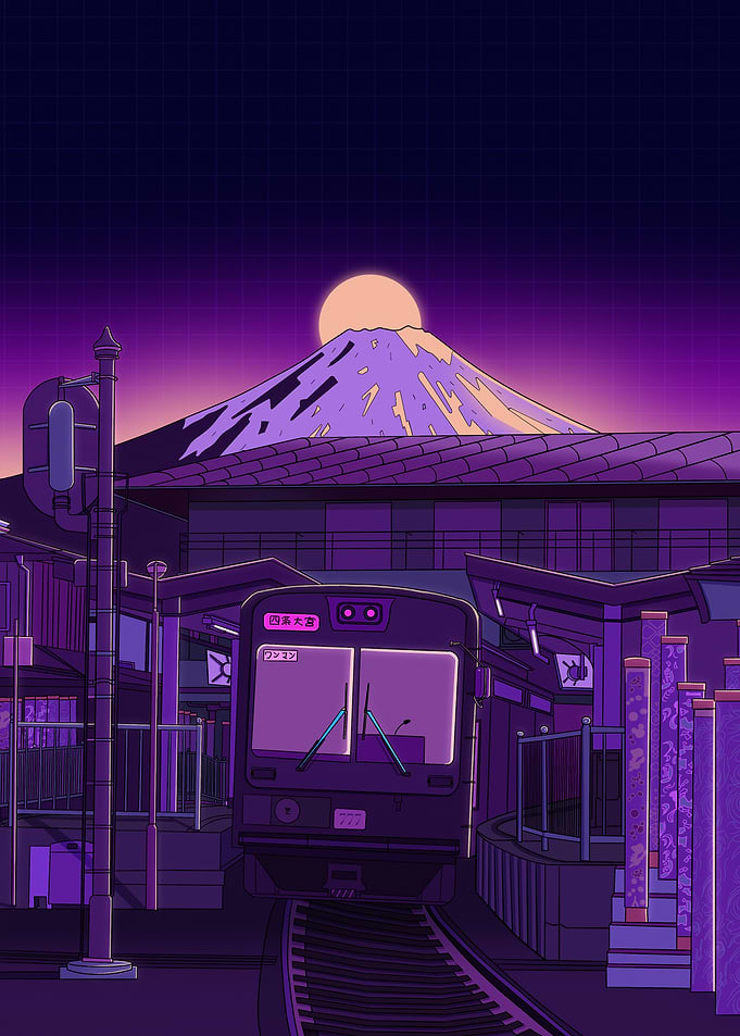 Purple Train Station with Mount Fuji