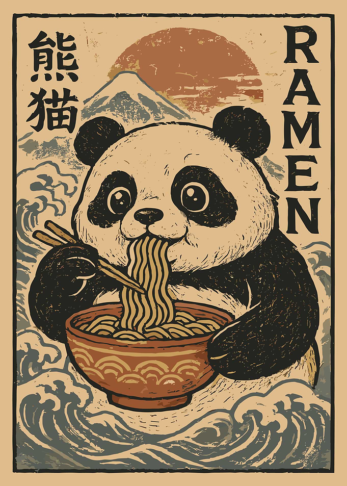 Panda Eating Ramen Poster, Vintage Japanese Food Wall Art, Cute Asian Kitchen Print