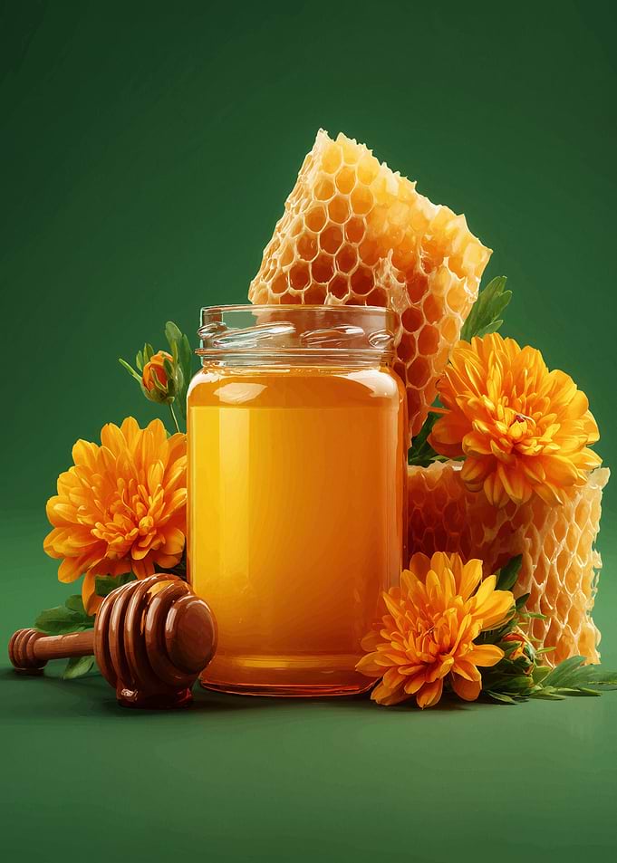 Honey jar with honeycomb and flowers