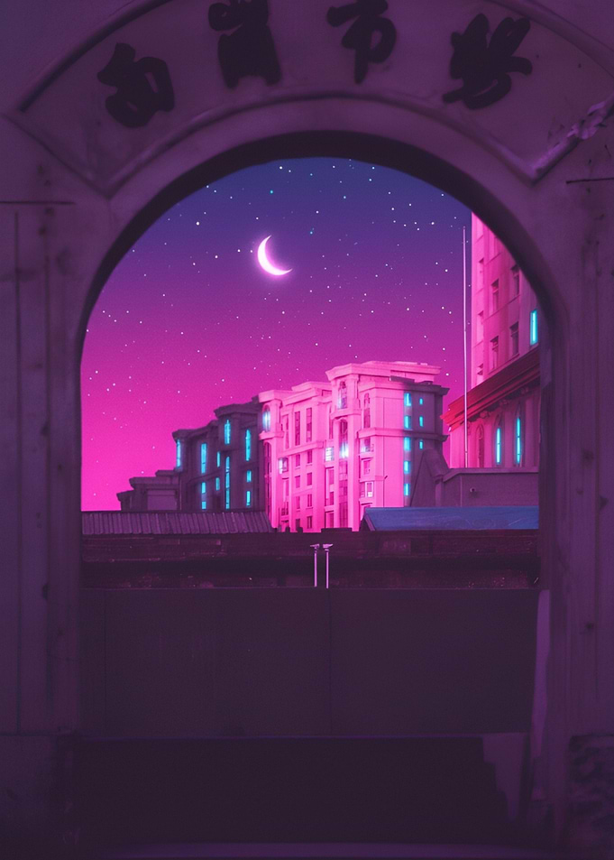 Night Cityscape with Crescent Moon