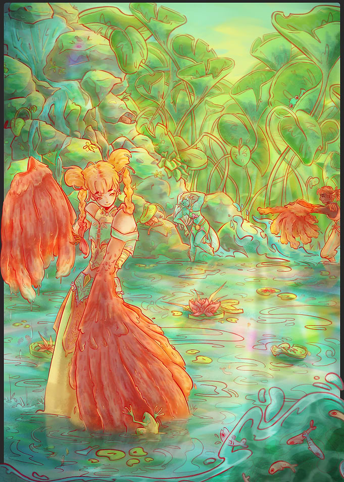 Birdy Girl in Lily Pond Painting