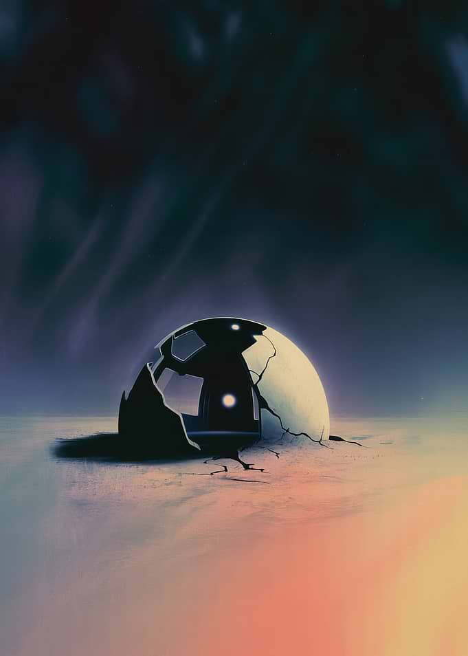 Cracked Spaceship in Surreal Landscape