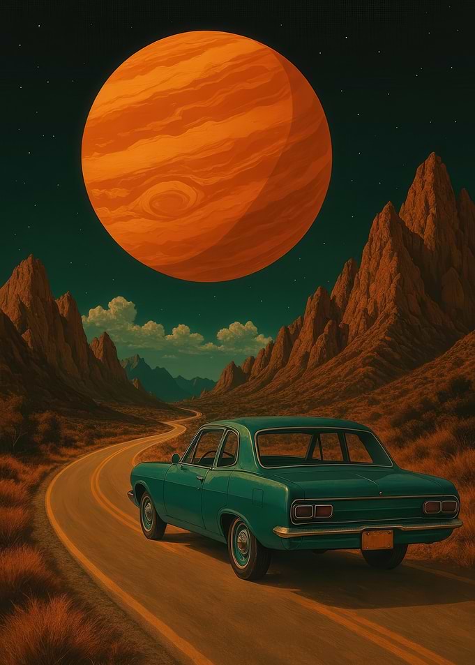 Sureal Retro Car on a Desert Road