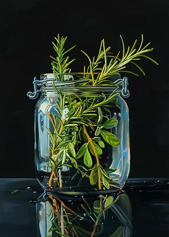 Rosemary and Leaves in Glass Jar