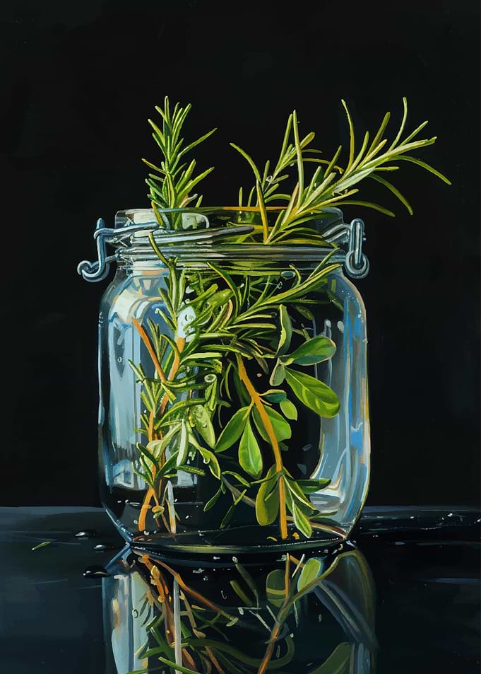 Rosemary and Leaves in Glass Jar