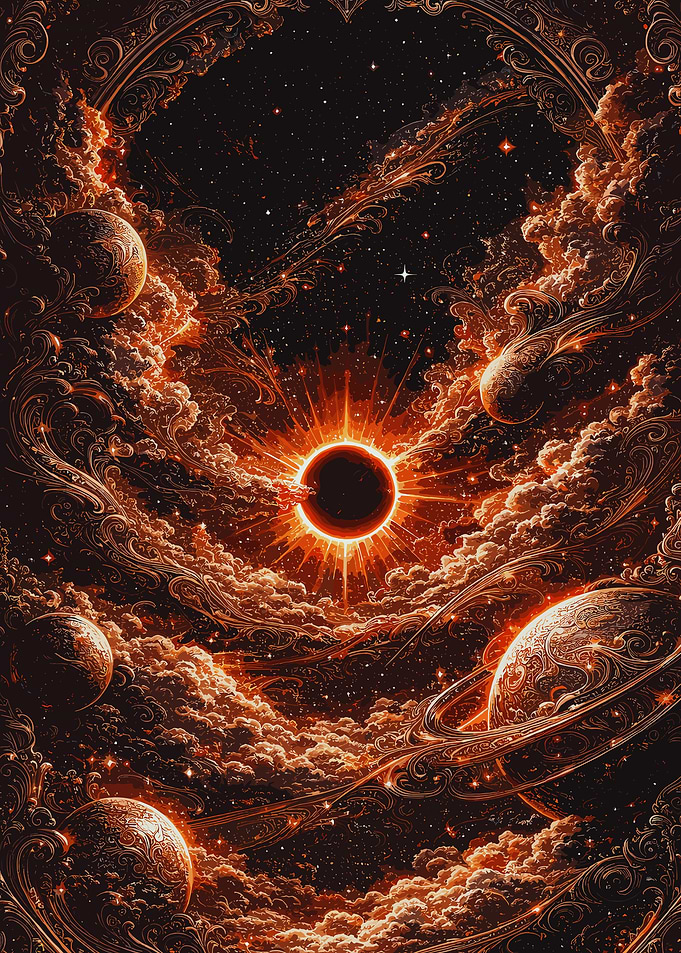Ornate Space Nebula with Planets