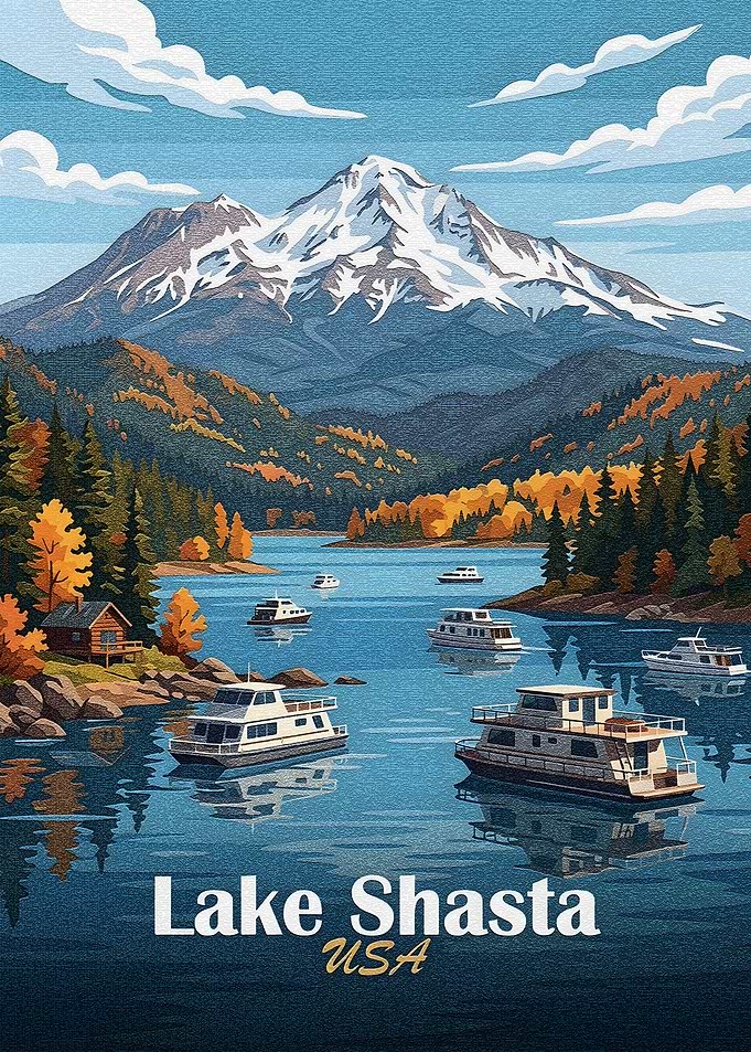 Lake Shasta scenic landscape with boats