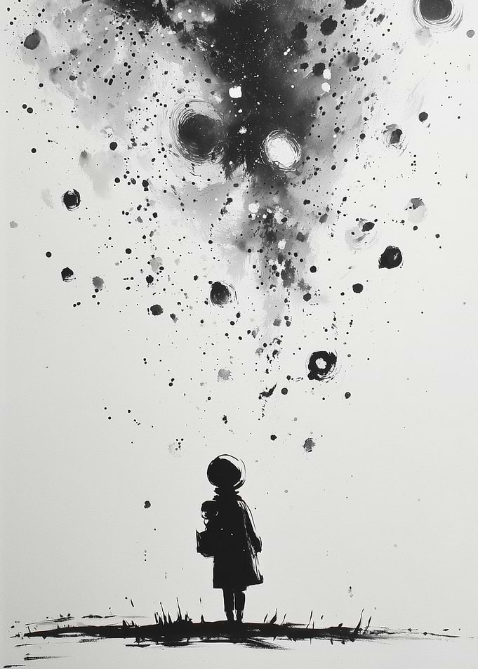 Child Gazing at Abstract Ink Sky