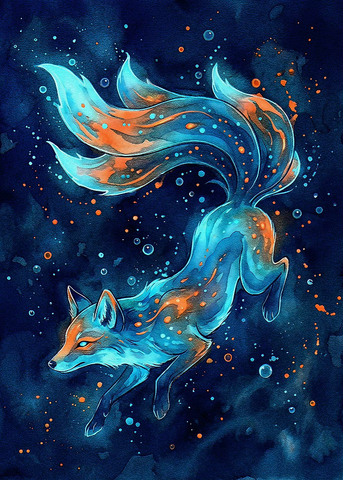 Mystical Nine-Tailed Fox Watercolor Painting